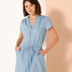 Lange jurk met ritskraag, licht denim