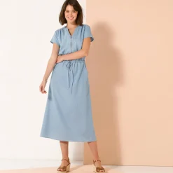 Lange jurk met ritskraag, licht denim