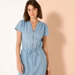 Lange jurk met ritskraag, licht denim