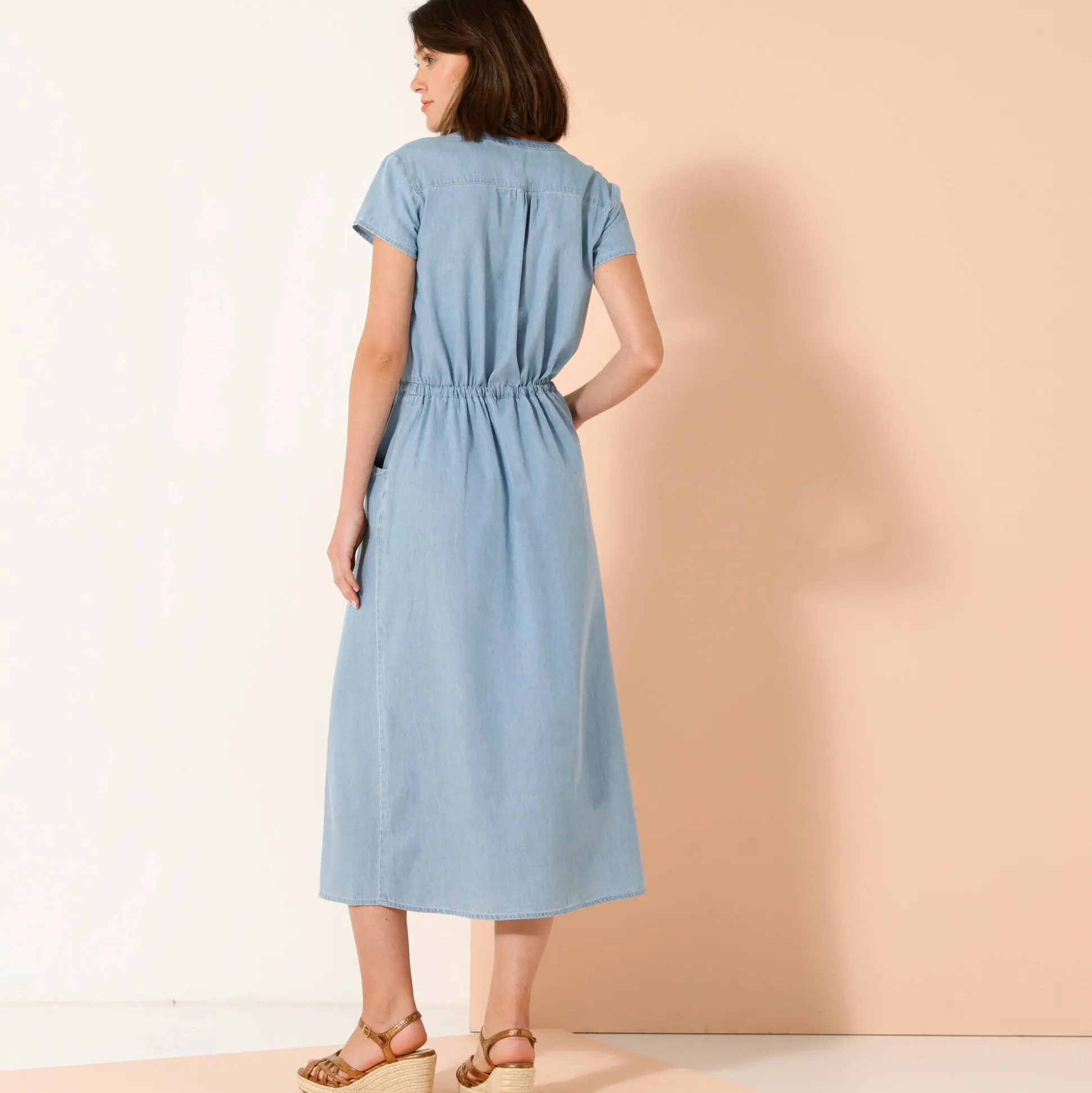 Lange jurk met ritskraag, licht denim