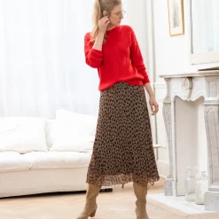 Lange rok met plissé, voile met luipaardprint