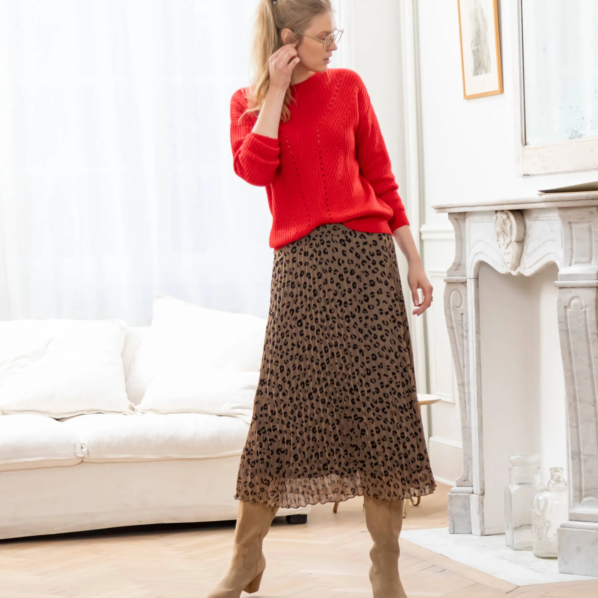 Lange rok met plissé, voile met luipaardprint