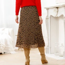 Lange rok met plissé, voile met luipaardprint