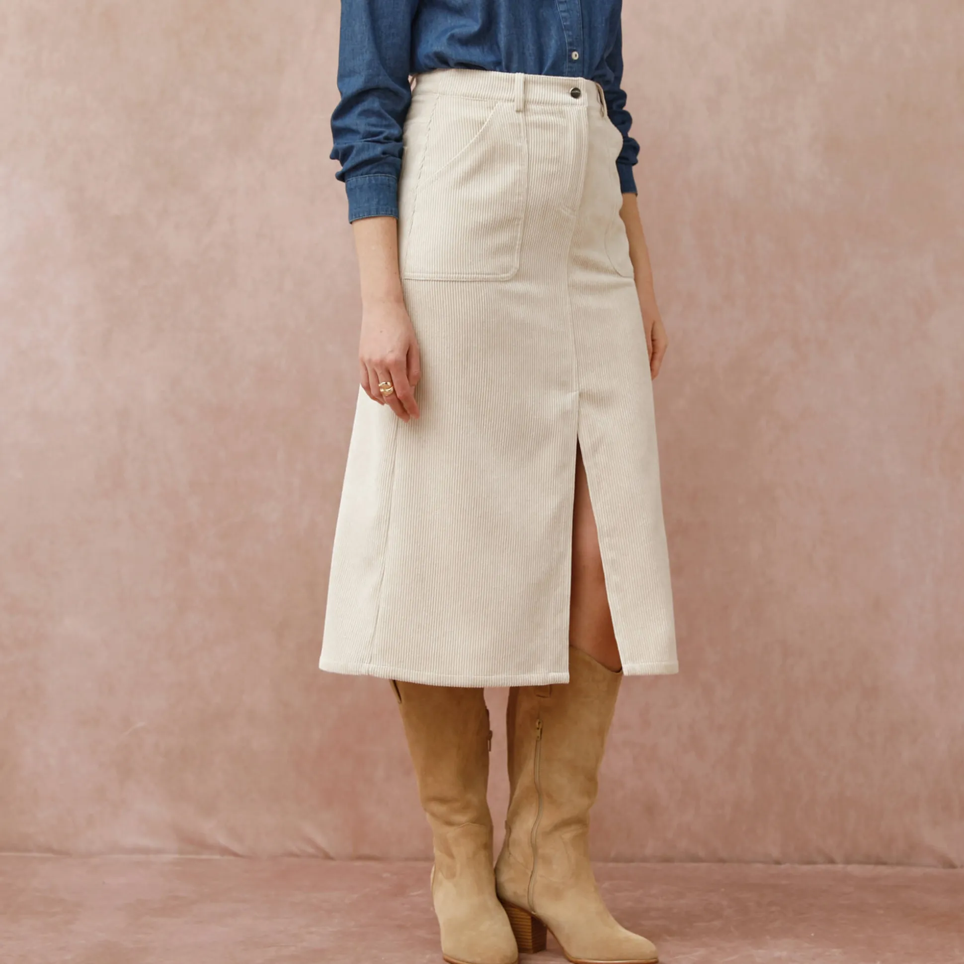 Lange rok met split, ribvelours