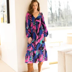 Lange, soepele en bedrukte jurk met V-hals, viscose