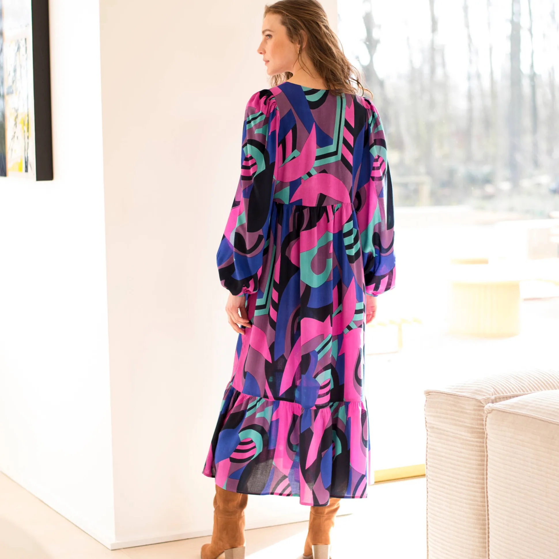 Lange, soepele en bedrukte jurk met V-hals, viscose