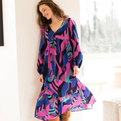 Lange, soepele en bedrukte jurk met V-hals, viscose
