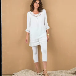 Lange tuniek met macramé en 3/4-mouwen