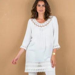 Lange tuniek met macramé en 3/4-mouwen