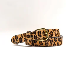 Leren riem met luipaardprint, harig effect