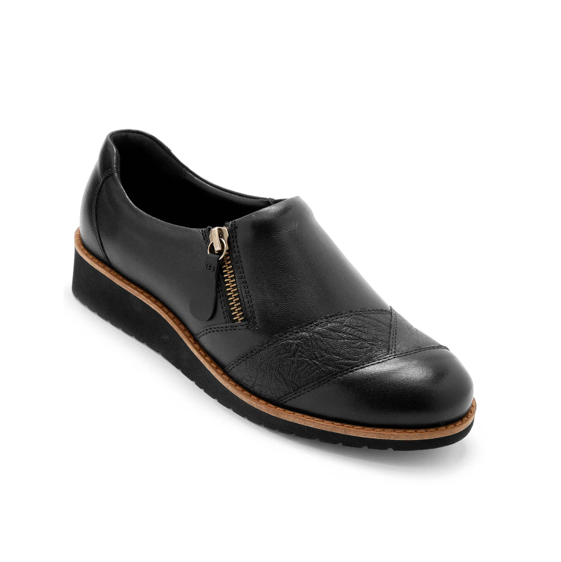 Leren schoenen met sleehak, brede pasvorm - zwart