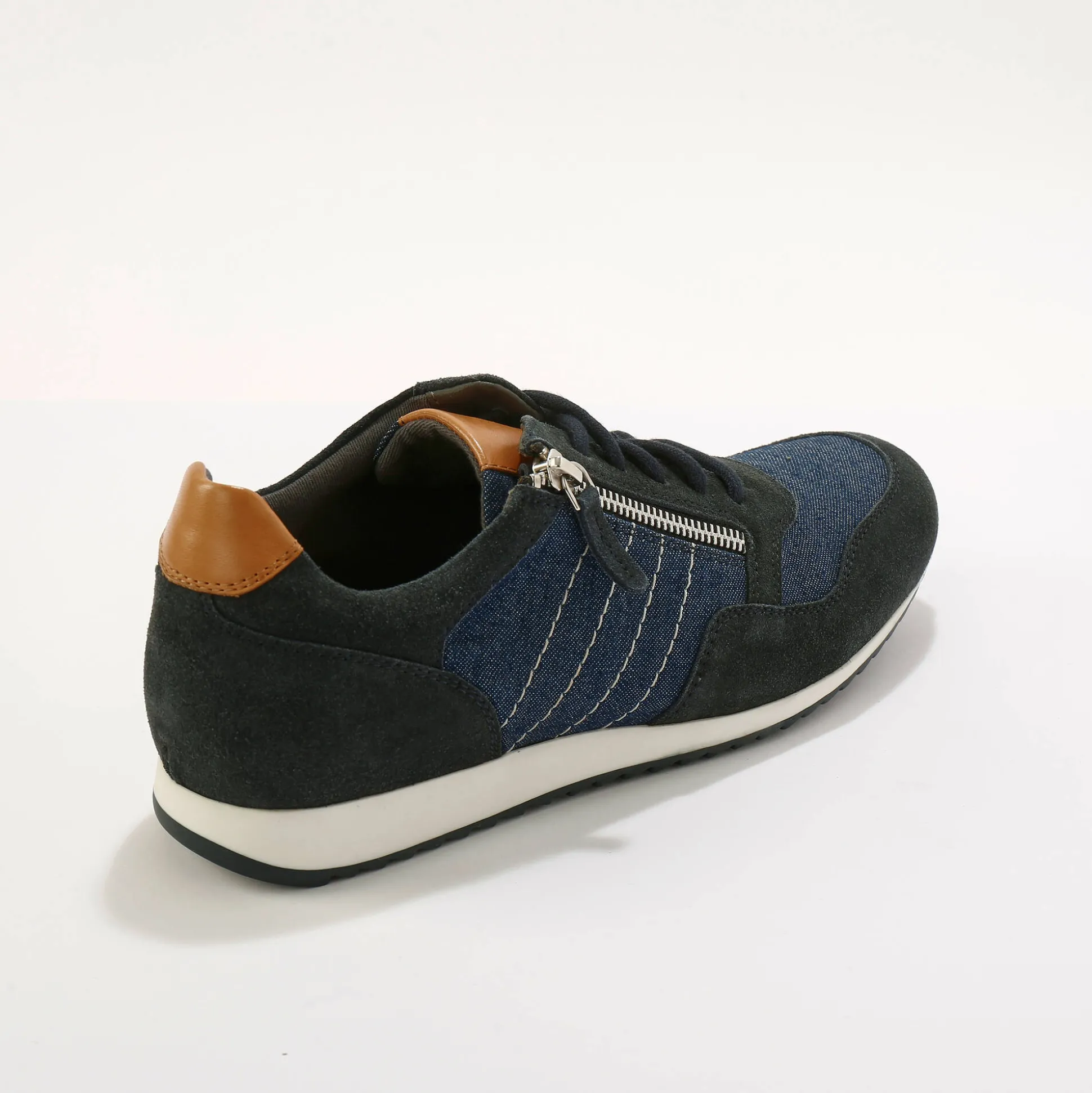 Leren sneakers in 2 materialen, veters en rits
