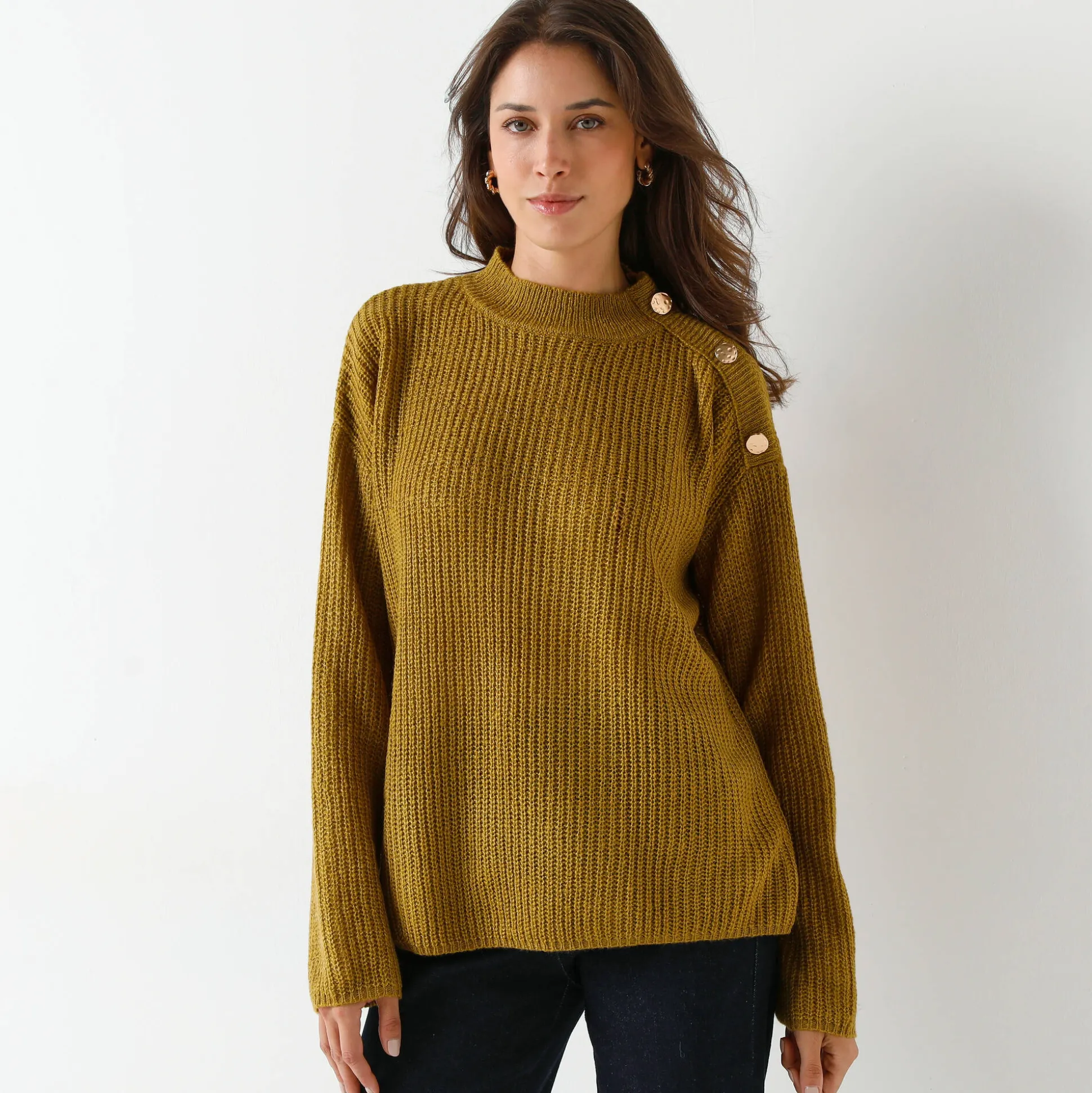 Loose trui, lange en ruime mouwen, patenttricot