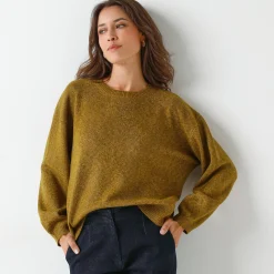 Loose trui met bloezende mouwen, chiné tricot in wolmengeling