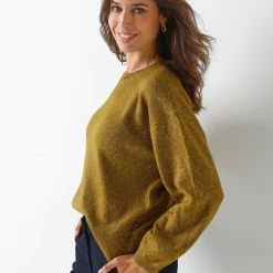 Loose trui met bloezende mouwen, chiné tricot in wolmengeling