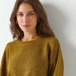 Loose trui met bloezende mouwen, chiné tricot in wolmengeling