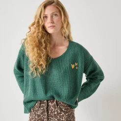 Loose trui met V-hals en geborduurde hartjes, patenttricot