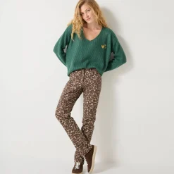 Loose trui met V-hals en geborduurde hartjes, patenttricot