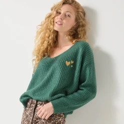 Loose trui met V-hals en geborduurde hartjes, patenttricot