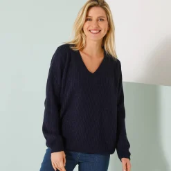 Loose trui met V-hals, patenttricot