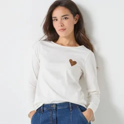 Marineshirt met lange mouwen, geborduurd hartje in effen of luipaard