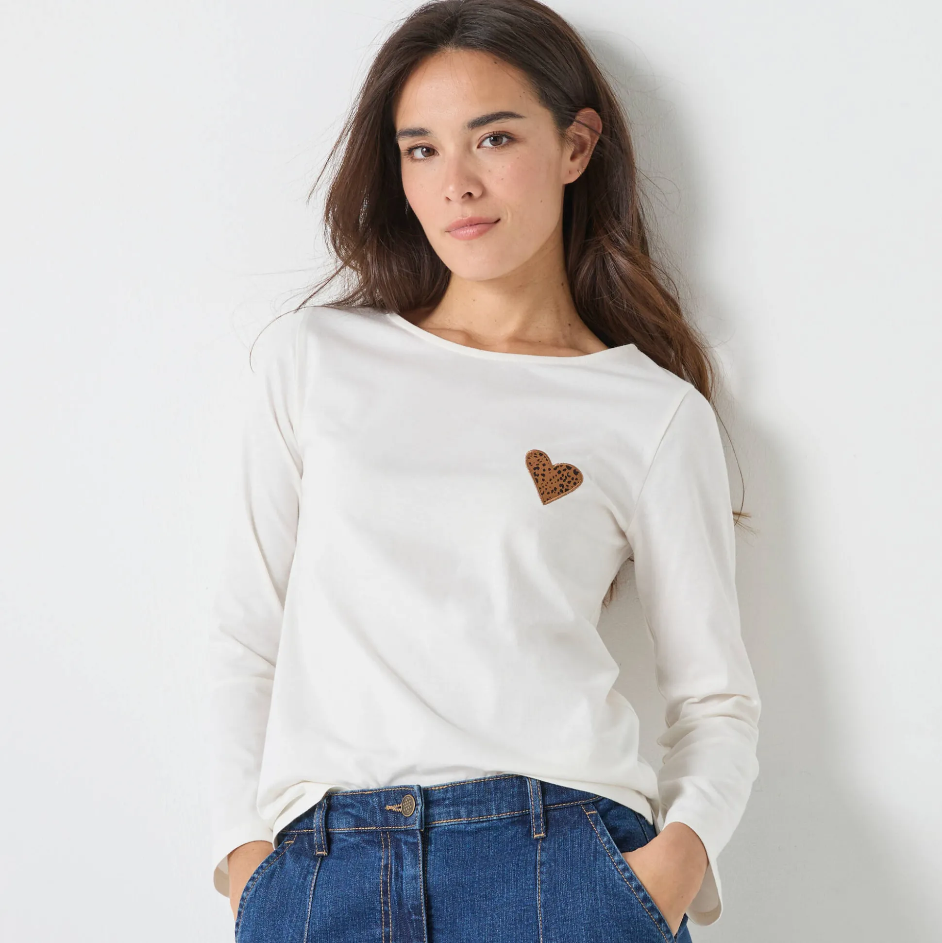 Marineshirt met lange mouwen, geborduurd hartje in effen of luipaard
