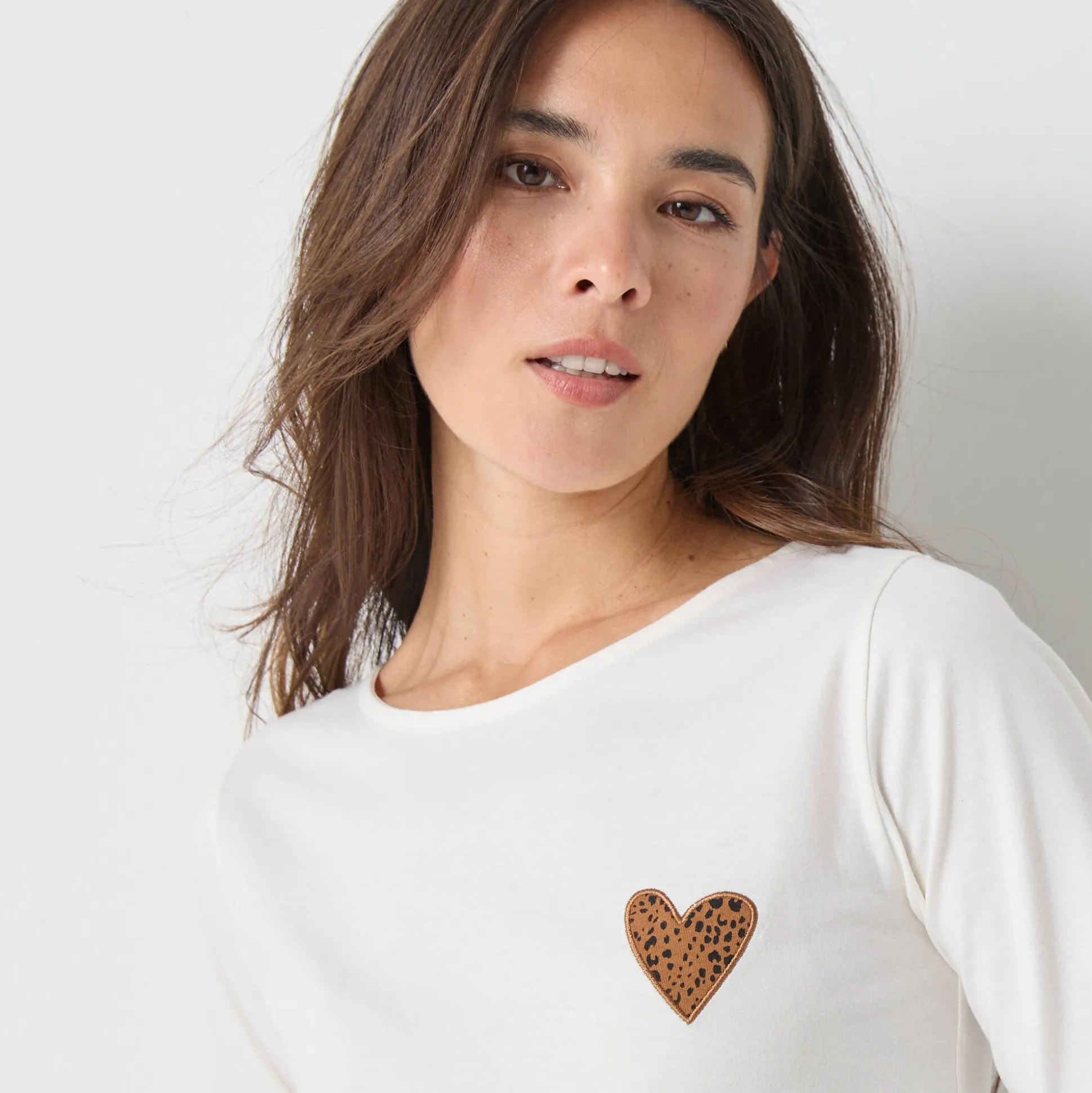 Marineshirt met lange mouwen, geborduurd hartje in effen of luipaard