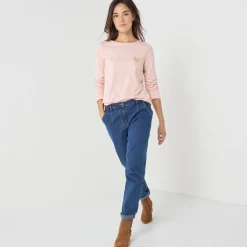 Marineshirt met lange mouwen, geborduurd hartje in effen of luipaard
