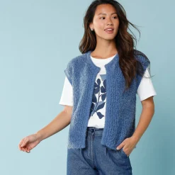 Mouwloos vest in harig tricot, kleine lengtes
