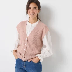 Mouwloos vest met knopen, patenttricot