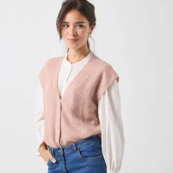 Mouwloos vest met knopen, patenttricot