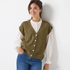 Mouwloos vest met knopen, patenttricot