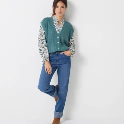 Mouwloos vest met knopen, patenttricot