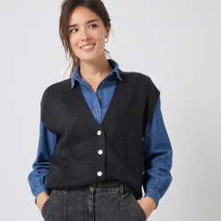Mouwloos vest met knopen, patenttricot