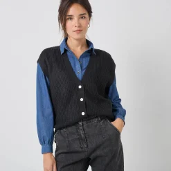 Mouwloos vest met knopen, patenttricot