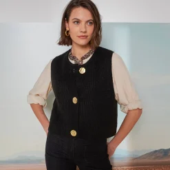 Mouwloos vest met zachte touch, goudkleurige knopen