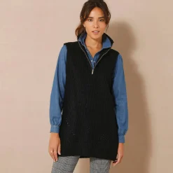 Mouwloze tuniektrui in ribbels, opstaande ritskraag