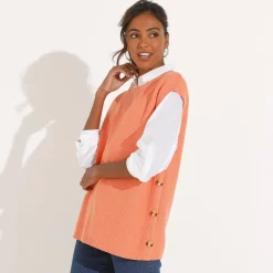 Mouwloze tuniektrui met knopen in hoornstijl, fantasietricot