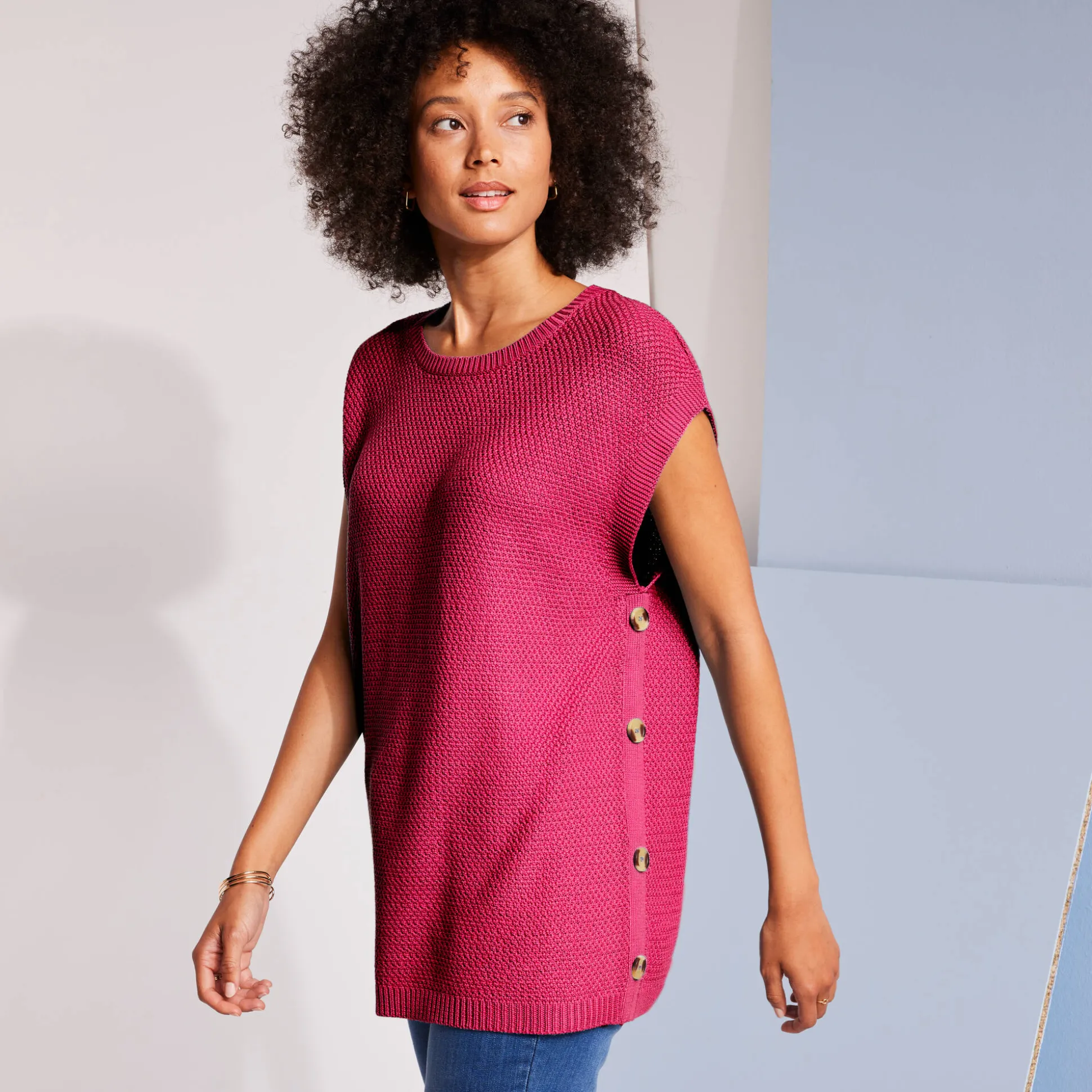 Mouwloze tuniektrui met knopen in hoornstijl, fantasietricot