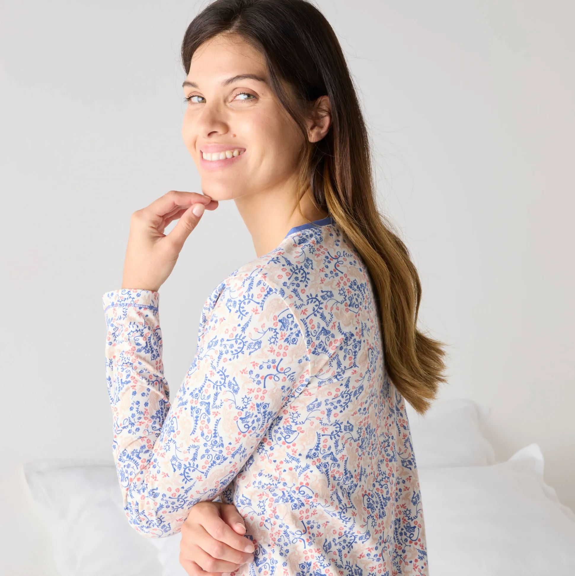 Nachthemd met lange mouw en en 'vogel' print