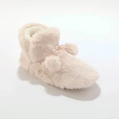 Pantoffels in laarsmodel met pompons en nepbontaspect
