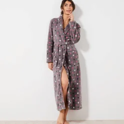 Peignoir in fleece met pluchetouch - 130 cm lang, lange mouwen