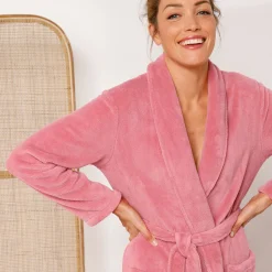 Peignoir in fleece met pluchetouch - 130 cm lang, lange mouwen