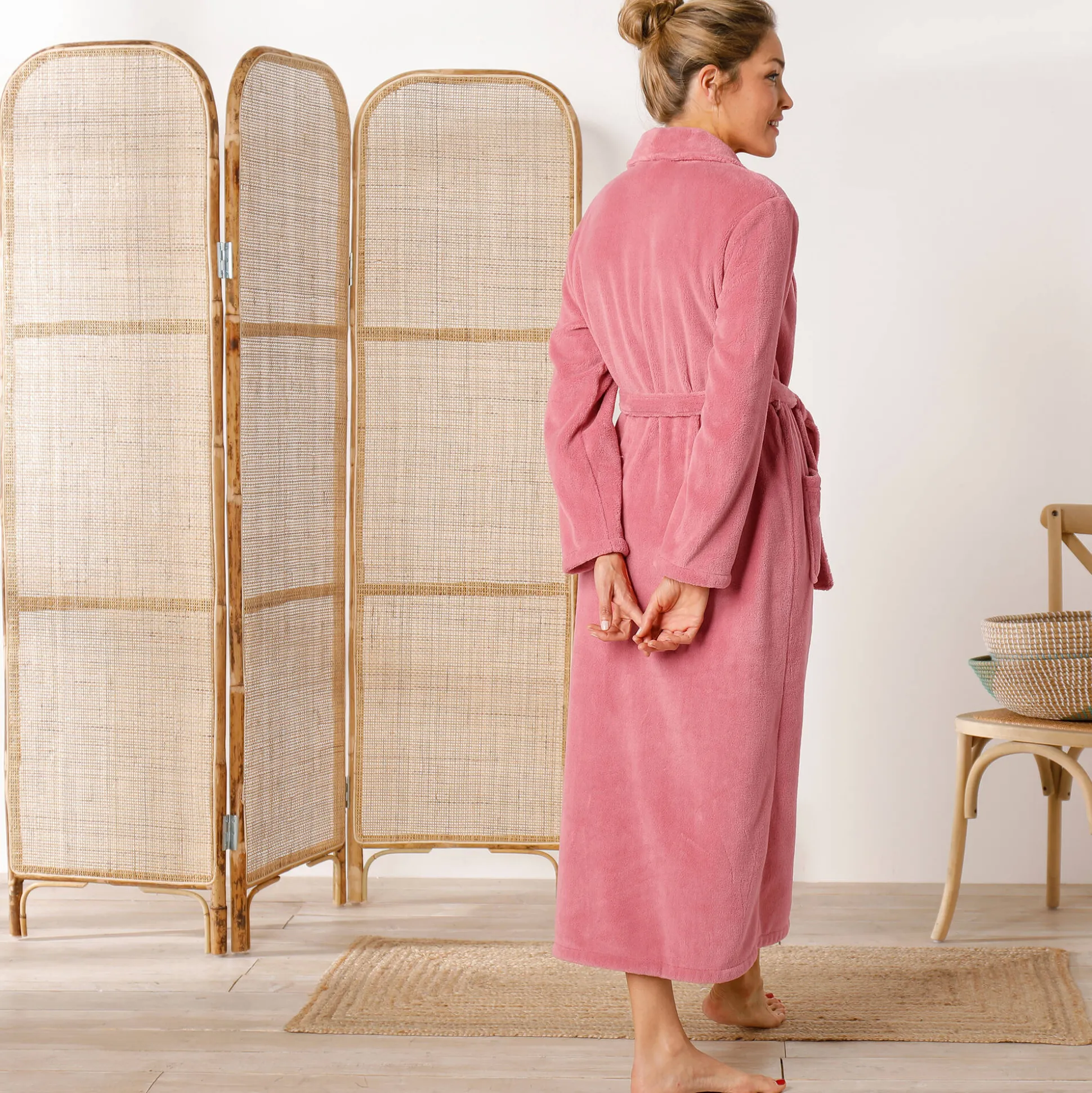 Peignoir in fleece met pluchetouch - 130 cm lang, lange mouwen