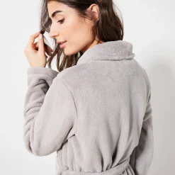 Peignoir in fleece met pluchetouch - 115 cm lang, lange mouwen