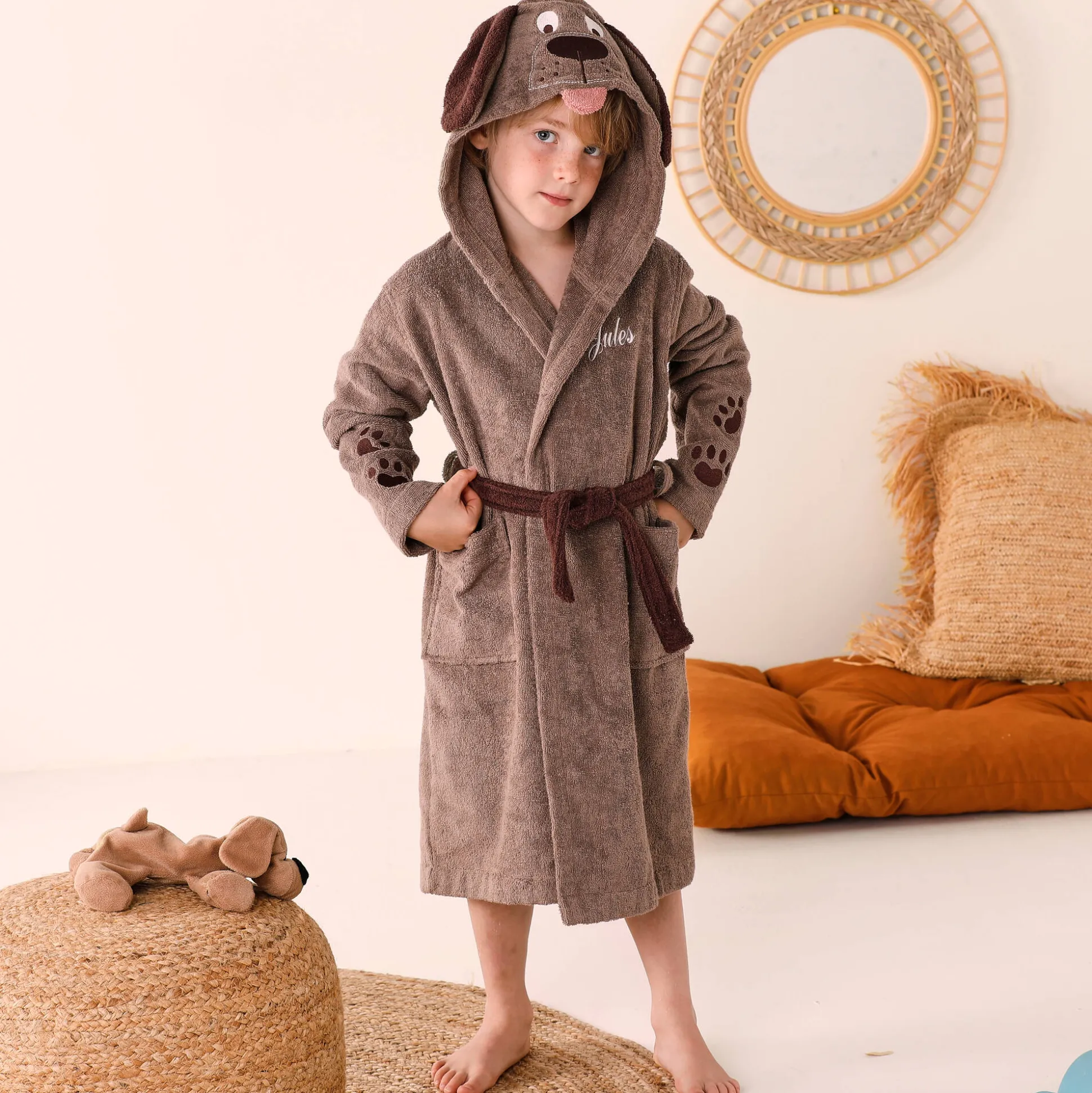 Personaliseerbare "hond" kinderbadjas met kap, katoenen badstof - 340 g/m²