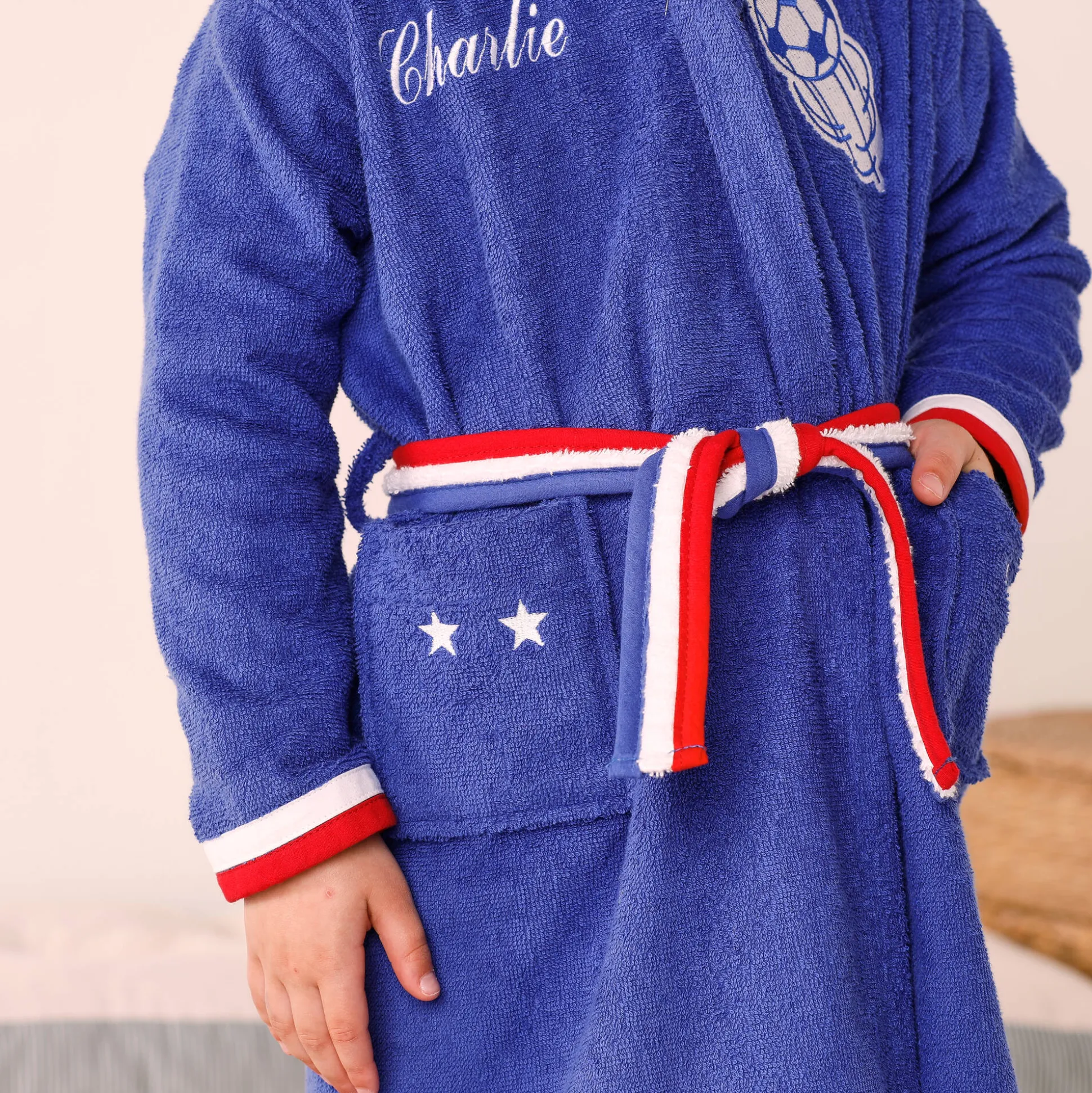 Personaliseerbare "voetbal" kinderbadjas met kap, katoenen badstof - 340 g/m²