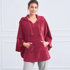Poncho in fleece met pluchetouch en kap