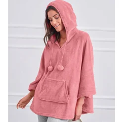 Poncho in fleece met pluchetouch en kap