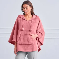 Poncho in fleece met pluchetouch en kap